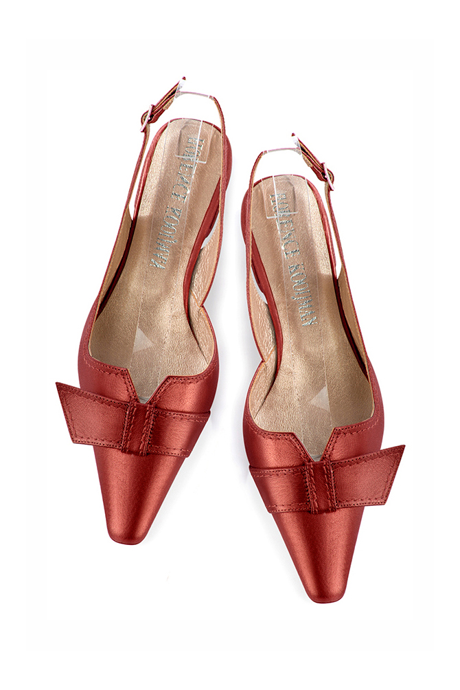 Women's cardinal red slingback dress shoes, with a knot on the front. Tapered toe. Low block heels - Top view
